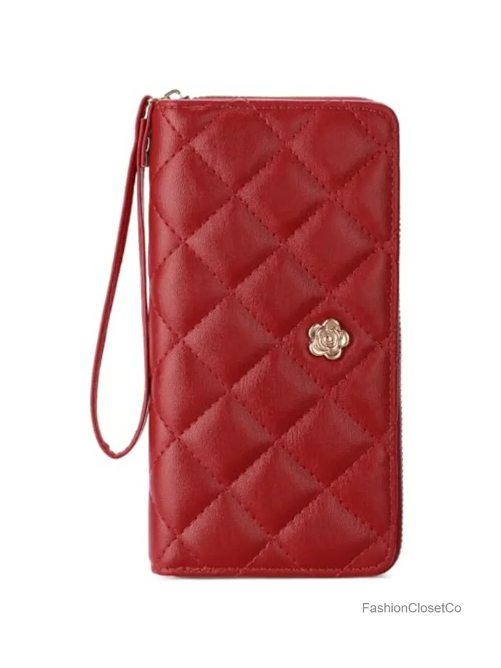 Large Capacity Quilted Faux Leather Wristlet Wallet with Zip Around Closure